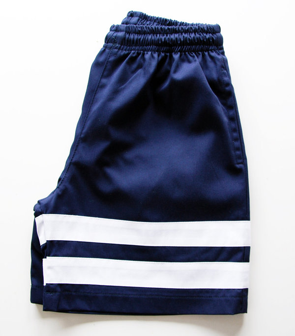 Pantalon corto deporte azul rayas blancas